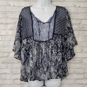 Knox Rose Sheer Paisley Blue Boho Peasant Blouse Cover Up Womens Size Medium